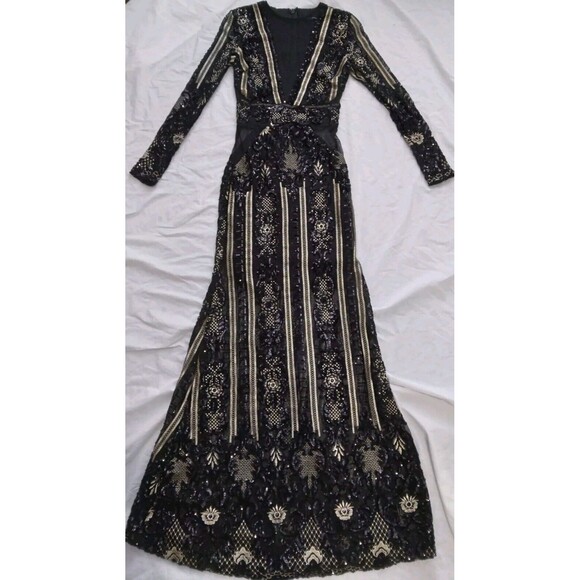 Fashion Nova Dress Black Gold Sequin Floral Embroidered Evening Gown Size Small - Picture 2 of 16